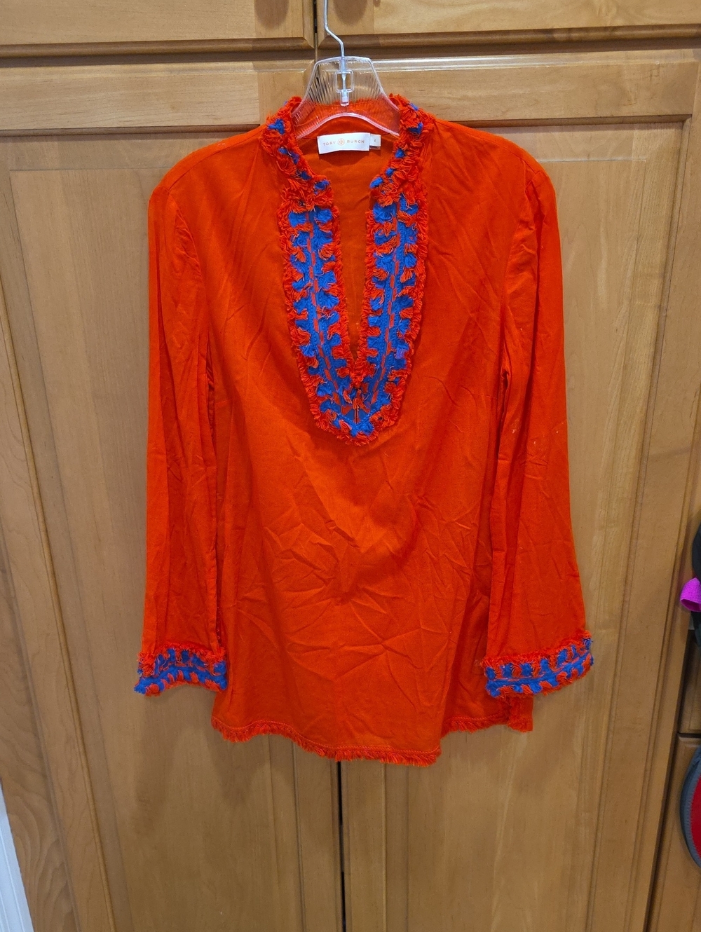 Vibrant orange Tory Burch Samba cotton fringe-trim V-neck tunic